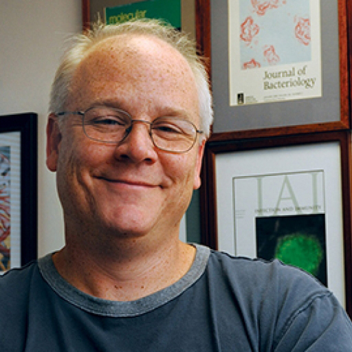 Smiling man with short gray hair wearing glasses and blue shirt.
