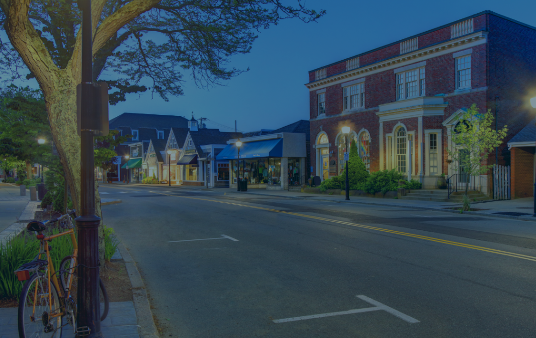 Main street in Falmouth, MA at night.