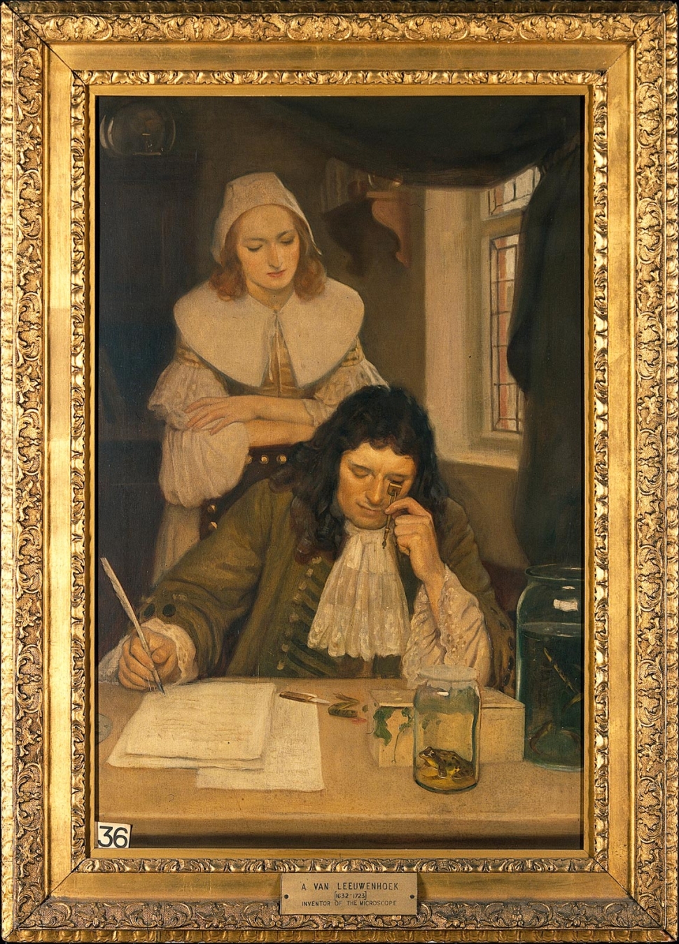 Painting of a man sitting at a desk , hand on his cheek, while writing. Another person stands behind him looking over his shoulder.