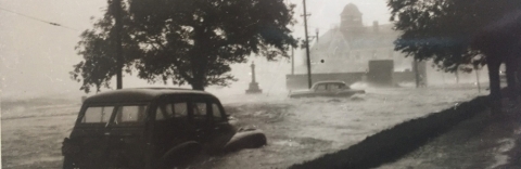 Water Street in front of the MBL during Hurricane Carol 1954 Credit David Miller/Woods Hole Historical Museum