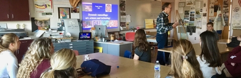 MBL scientist Roger Hanlon speaks to Falmouth High School students about his research on cephalopod camouflage. Photo courtesy Jane Baker