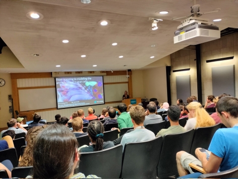 Students from the Optical Microscopy (OMIBS) and Deep Learning 2023 Advanced Research Training Courses in a lecture in Speck Auditorium. 