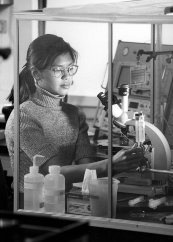 A scientist at a microscope