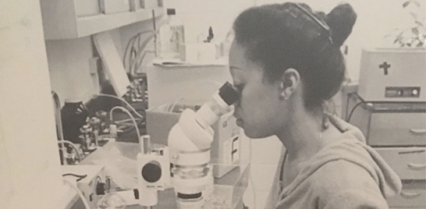 Patrice Yarbough at a microscope at the University of Houston in 1979.