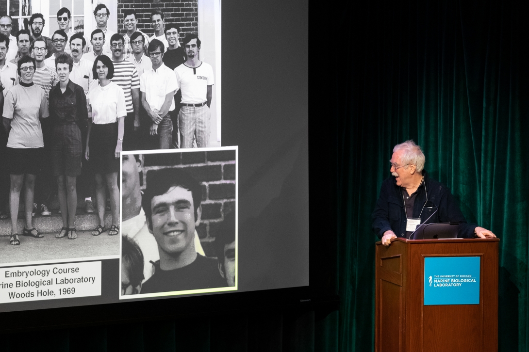Nobel Prize winner Eric Weichaus talks about his history with the Embryology course as a student (1969), faculty (1983, 1987-1988, 2000-2001, 2004-2008) and a lecturer (2002, 2013). Credit: Dee Sullivan